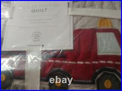 1pc Pottery Barn Kids THINGS THAT GO Twin Quilt cars fire trucks Gray Red NEW