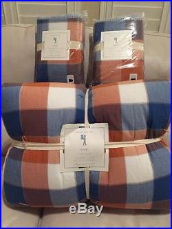 3p Pottery Barn Kids Full/Queen James Plaid Quilt Standard Shams Orange Blue NWT