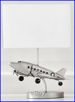 NEW Pottery Barn KIDS Vintage Airplane Complete Table Lamp, SILVER