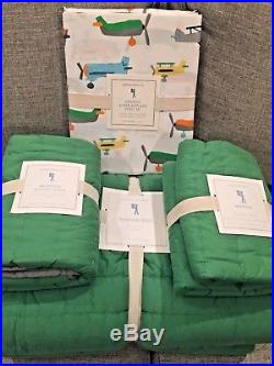 NEW Pottery Barn Kids Green Branson Twin Quilt, Shams, Asher Airplane Sheet Set