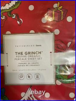 NEW Pottery Barn Teen Dr Seuss's Grinch Festive Cotton Queen Sheet Set Christmas