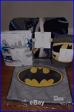 NWT Pottery Barn Kids Batman twin quilt, std sham, Cityscape sheet & dec pillow