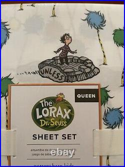 NWT Pottery Barn Kids DR SEUSS LORAX QUEEN Sheets & PILLOW CAT IN HAT Grinch