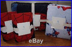 NWT Pottery Barn Kids Spiderman QUEEN quilt, 2 shams & blue sheet set