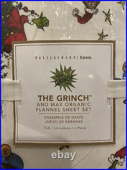 NWT Pottery Barn The Grinch & Max Organic Flannel Sheet Set FULL Christmas