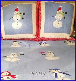 New Pottery Barn Kids Full/Queen Snowman Blue Red Gingham Holiday w 2 Euro Shams