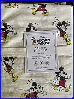 POTTERY BARN KIDS Disney Mickey Mouse Organic QUEEN 4 pc Sheets Set NEW