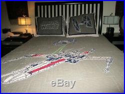 POTTERY BARN KIDS Star Wars X-WING TIE FIGHTER QUEEN QUILT 2 SHAMS GRAY&WHITE