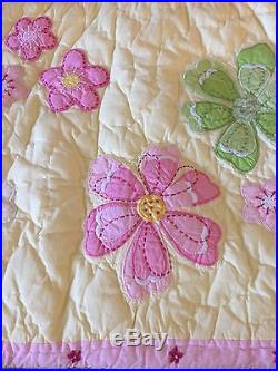 POTTERY BARN KIDS Twin EMILY Floral Yellow Pink Green Quilted Blanket Two Shams