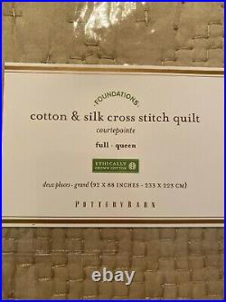 Pottery Barn Cotton & Silk Cross Stitch Quilt in Taupe FULL QUEEN NEW $199