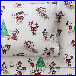 Pottery Barn Disney Mickey Mouse Christmas Holiday Flannel Queen Sheets NWT