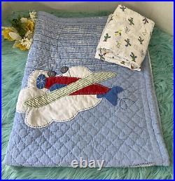Pottery Barn Kids Airplane Crib Quilt&Fitted Sheet Retro White Blue Bedding Baby