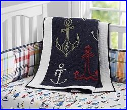 Pottery Barn Kids Anchors Away Quilt, Fitted Sheet, Madras Crib Bumper, Curtain