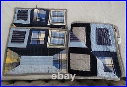 Pottery Barn Kids-Blue Plaid Full/Queen Quilt Blanket/2 Shams Bedding Comforter