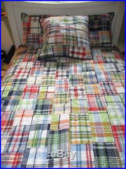 Pottery Barn Kids Blue Red Plaid Madras FULL/QUEEN Quilt with 2 Shams & Euro Sham