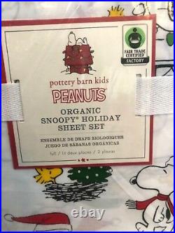 Pottery Barn Kids FULL Peanuts Snoopy Holiday Cotton Sheet Set Organic Christmas