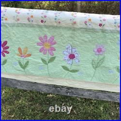 Pottery Barn Kids Full / QUEEN Size Embroidered flower quilt yellow Pink blue