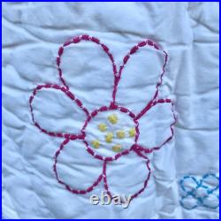 Pottery Barn Kids Full / QUEEN Size Embroidered flower quilt yellow Pink blue