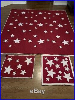 Pottery Barn Kids Full Quilt, Red With Ivory Stars Cotton Quilt, 2 Size Shams