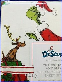 Pottery Barn Kids Grinch & Max Flannel Cotton Queen Sheet Set Christmas Dr Seuss