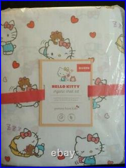 Pottery Barn Kids Hello Kitty Organic Sheet Set Queen White Multi NIP