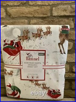 Pottery Barn Kids Heritage Santa Organic Flannel Queen Sheet Set Christmas New