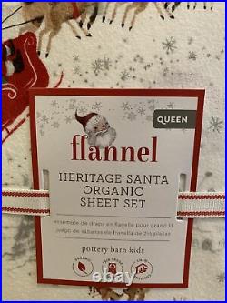 Pottery Barn Kids Heritage Santa Organic Flannel Queen Sheet Set Christmas New
