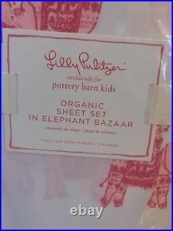 Pottery Barn Kids Lilly Pulitzer FULL Elephant Bazaar Organic Sheet Set Pink NWT