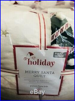 Pottery Barn Kids Merry Santa Full Queen Quilt Euro Shams Christmas Bedding New