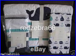 Pottery Barn Kids Navy/Aqua Hamptons Whale Crib/Toddler Quilt Sheet Sham Set 3pc