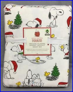 Pottery Barn Kids Organic Flannel Peanuts Holiday Queen Sheet Set