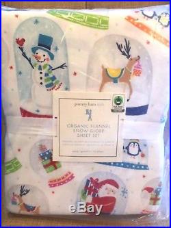 Pottery Barn Kids Organic Flannel Snow Globe Queen Sheet Set New Christmas Santa