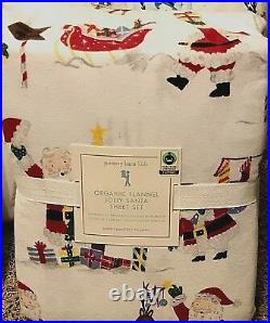 Pottery Barn Kids Organic Jolly Santa north pole Sheet set QUEEN Flannel