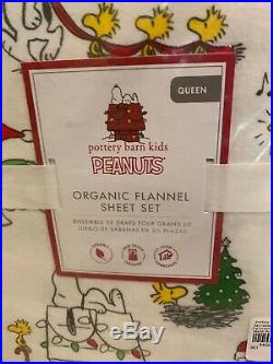 Pottery Barn Kids PEANUTS QUEEN Organic Flannel Sheets Snoopy Christmas Holiday