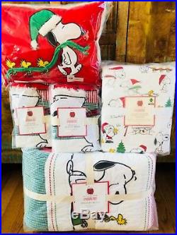 Pottery Barn Kids Peanuts Holiday Quilt Queen Sheet Set Shams Snoopy Christmas