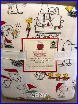 Pottery Barn Kids Peanuts Snoopy Holiday Flannel QUEEN Sheet Set New Organic