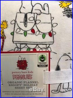 Pottery Barn Kids Peanuts Snoopy Holiday Flannel QUEEN Sheet Set New Organic