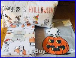 Pottery Barn Kids Peanuts Snoopy Sheet Set Queen Happiness Is Halloween Pillow