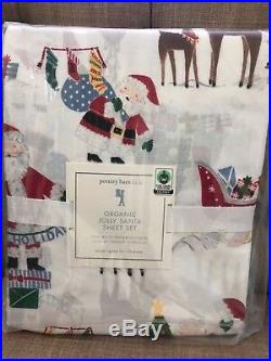 Pottery Barn Kids Queen Size Organic Cotton Jolly Santa Sheet Set Christmas NWT