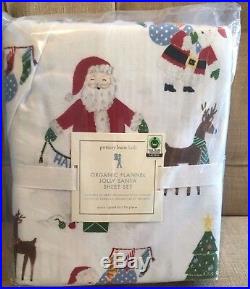 Pottery Barn Kids Queen Size Organic Flannel Jolly Santa Sheet Set Christmas NWT