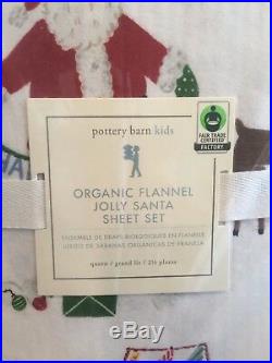 Pottery Barn Kids Queen Size Organic Flannel Jolly Santa Sheet Set Christmas NWT