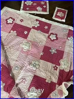 Pottery Barn Kids REVERSIBLE FULL/QUEEN FLORAL PINK Gingham 3PC QUILT SHAM SET