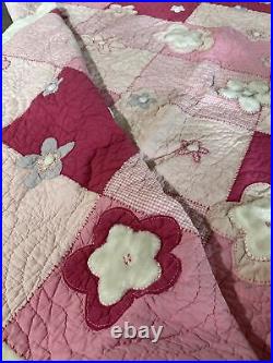 Pottery Barn Kids REVERSIBLE FULL/QUEEN FLORAL PINK Gingham 3PC QUILT SHAM SET