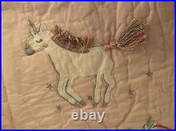 Pottery Barn Kids Rainbow Unicorn Reversible Quilt Pink Twin Flaw NWOT