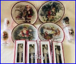 Pottery Barn Kids Santa Plates Tumbler Utensil Set 12 Christmas Plaid Jolly Cups