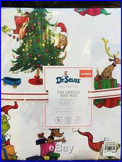 Pottery Barn Kids The Grinch & Max Cotton Queen Sheet Set Dr Seuss Christmas
