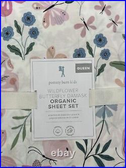Pottery Barn Kids Wildflower Butterfly Damask Organic Queen Sheet Set New W Tags
