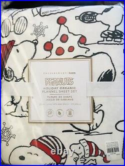 Pottery Barn Peanuts Snoopy Queen Flannel Cotton Sheet Set Organic Christmas