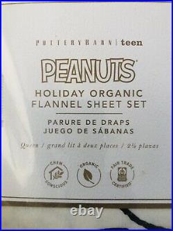 Pottery Barn Peanuts Snoopy Queen Flannel Cotton Sheet Set Organic Christmas