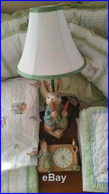 Pottery Barn Peter Rabbit 5pc Set Quilt Skirt Bumper Sheet Sham PLUS Lamp Clock